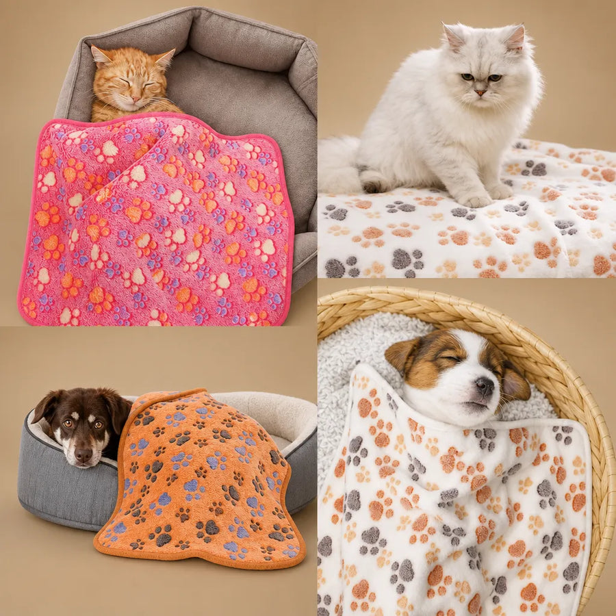 Plaid pour chien en coral fleece - Motif pattes et éléphants