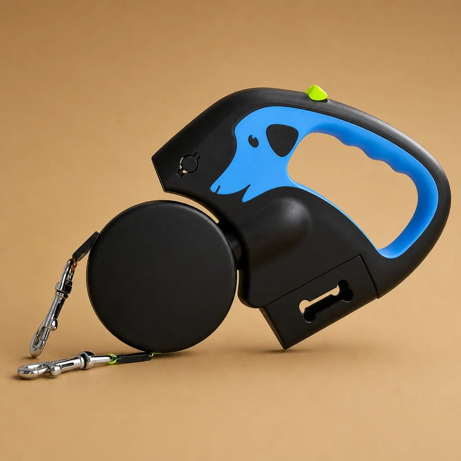 Laisse pour 2 chiens rétractable 3m - Lampe & sacs inclus