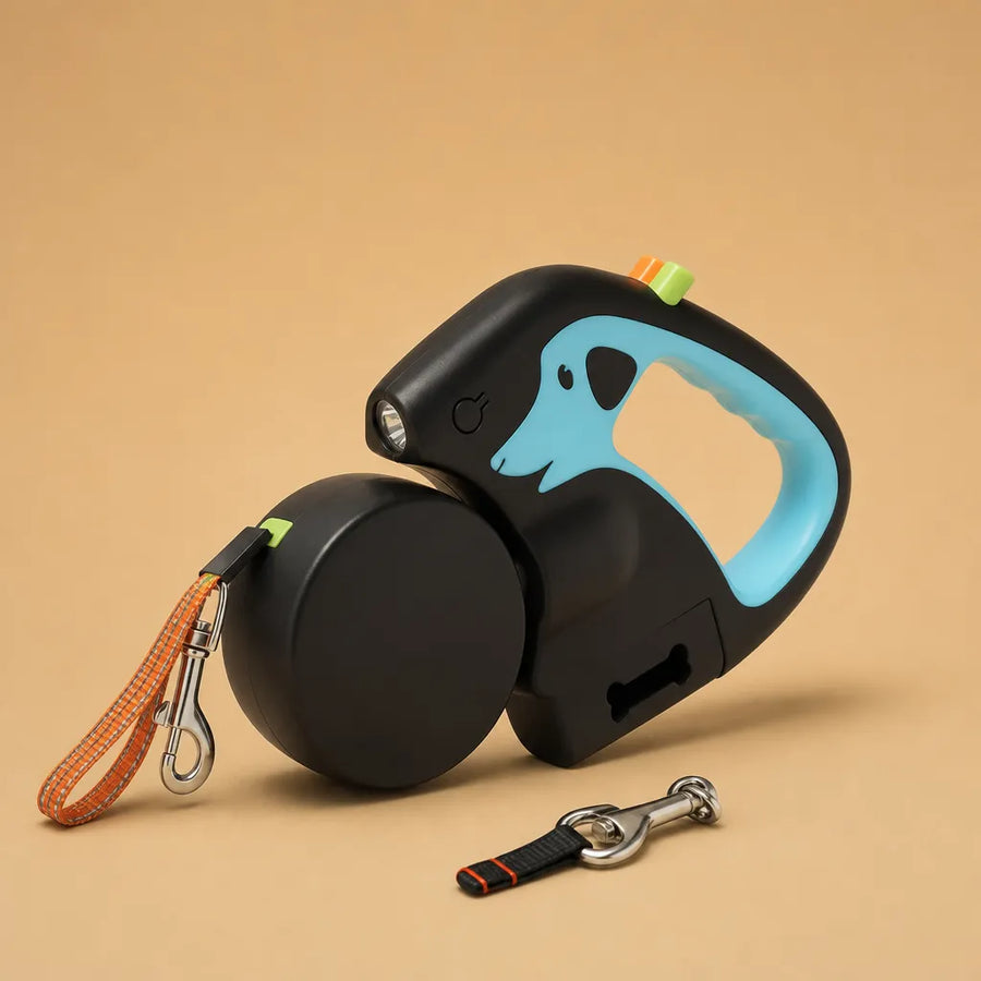 Laisse pour 2 chiens rétractable 3m - Lampe & sacs inclus