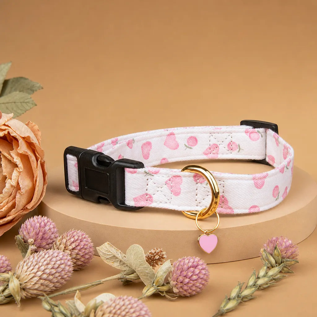 Collier chien rose - Coton imprimé pendentif cœur fait main