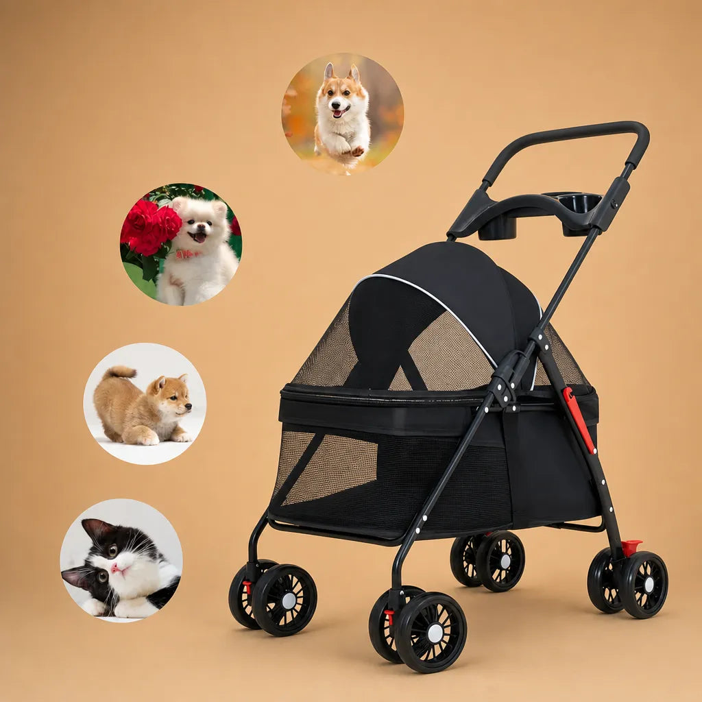 Poussette chien légère pliable - Jusqu'à 15 kg 4 roues