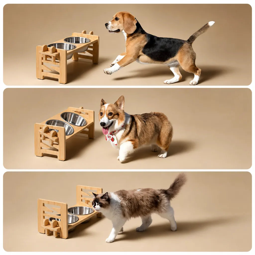 Gamelle pour chien surélevée réglable - Support bois double bol
