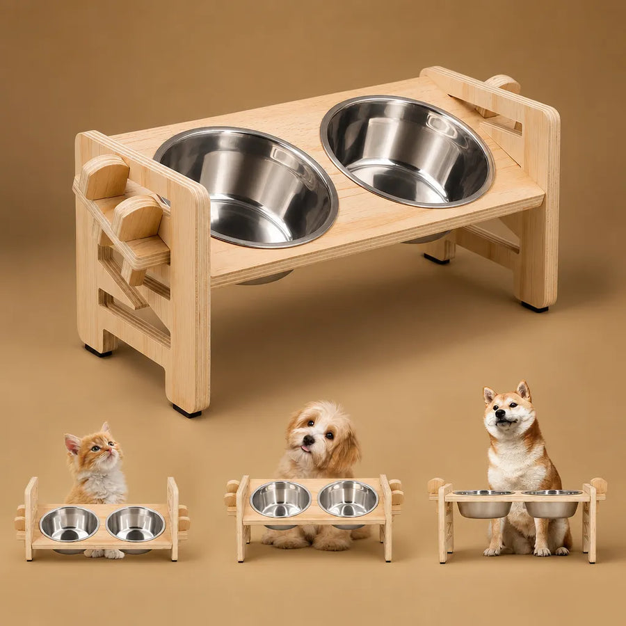 Gamelle pour chien surélevée réglable - Support bois double bol