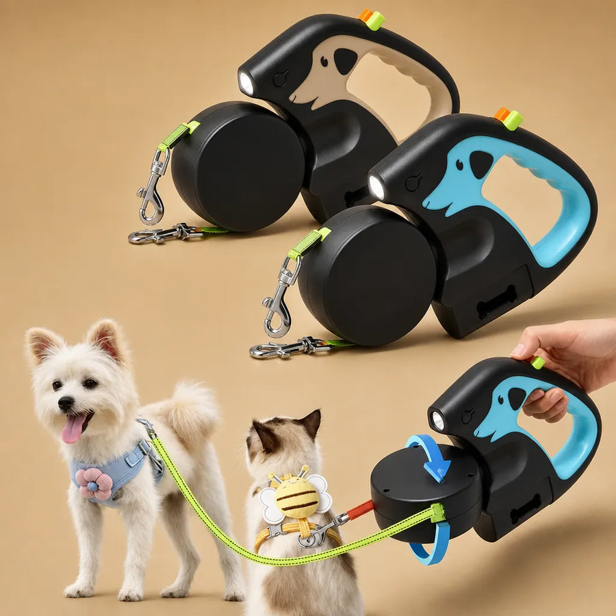 Laisse pour 2 chiens rétractable 3m - Lampe & sacs inclus
