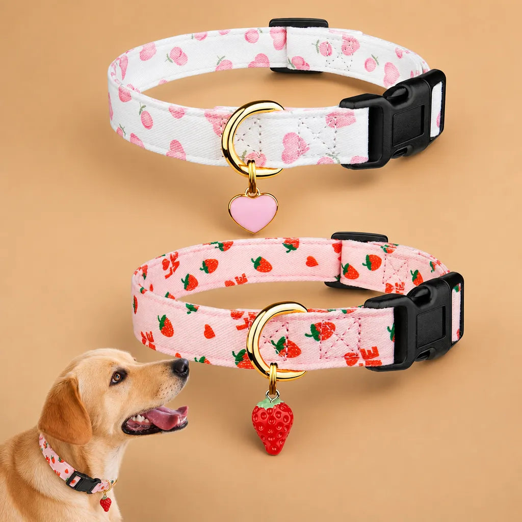Collier chien rose - Coton imprimé pendentif cœur fait main