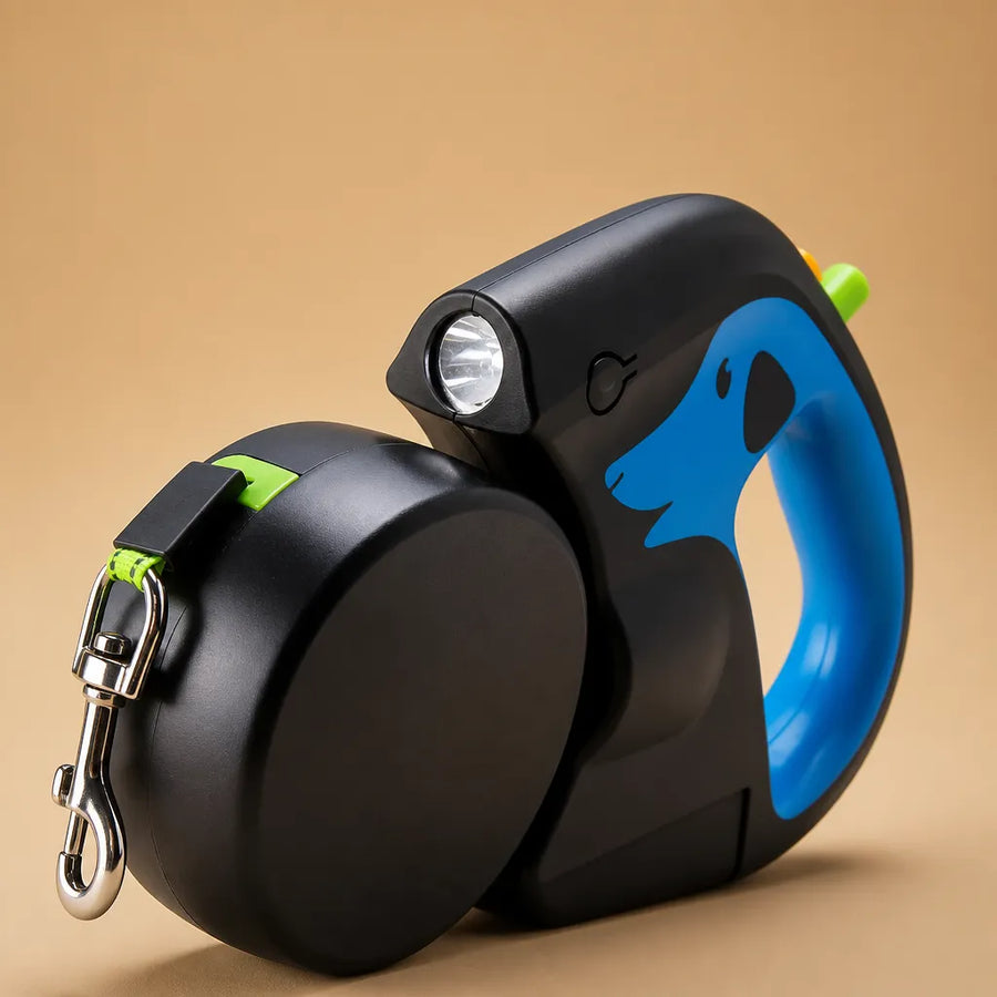 Laisse pour 2 chiens rétractable 3m - Lampe & sacs inclus