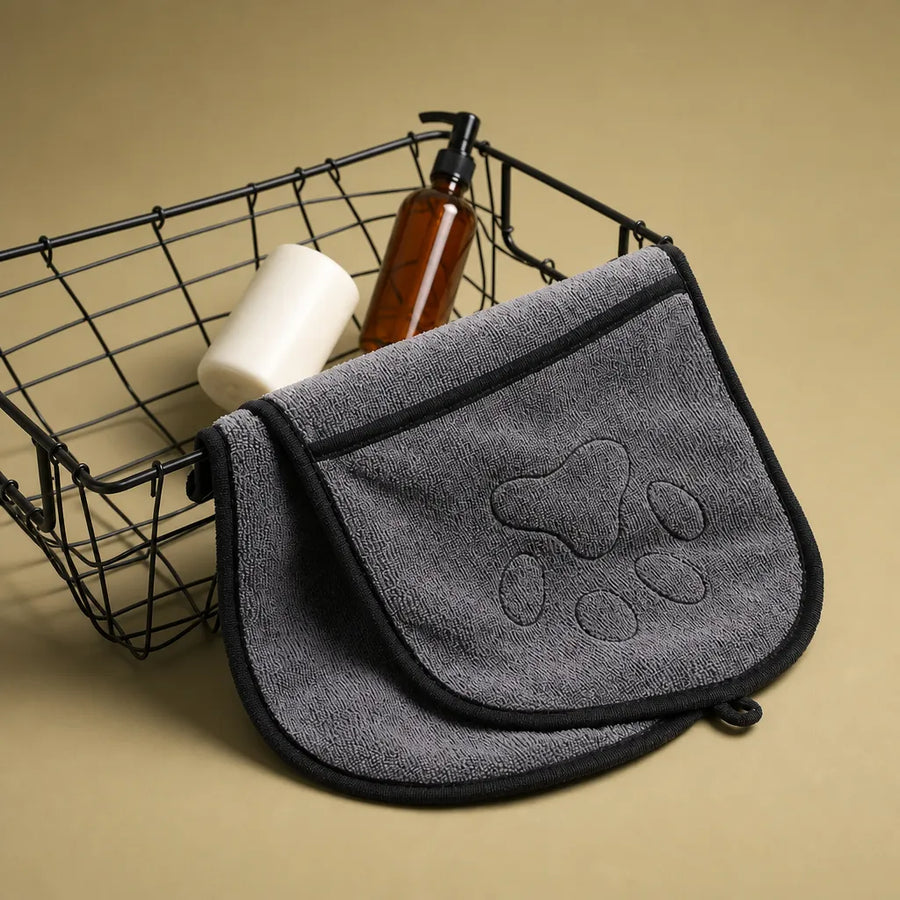 Serviette de bain pour chien - microfibre poches mains