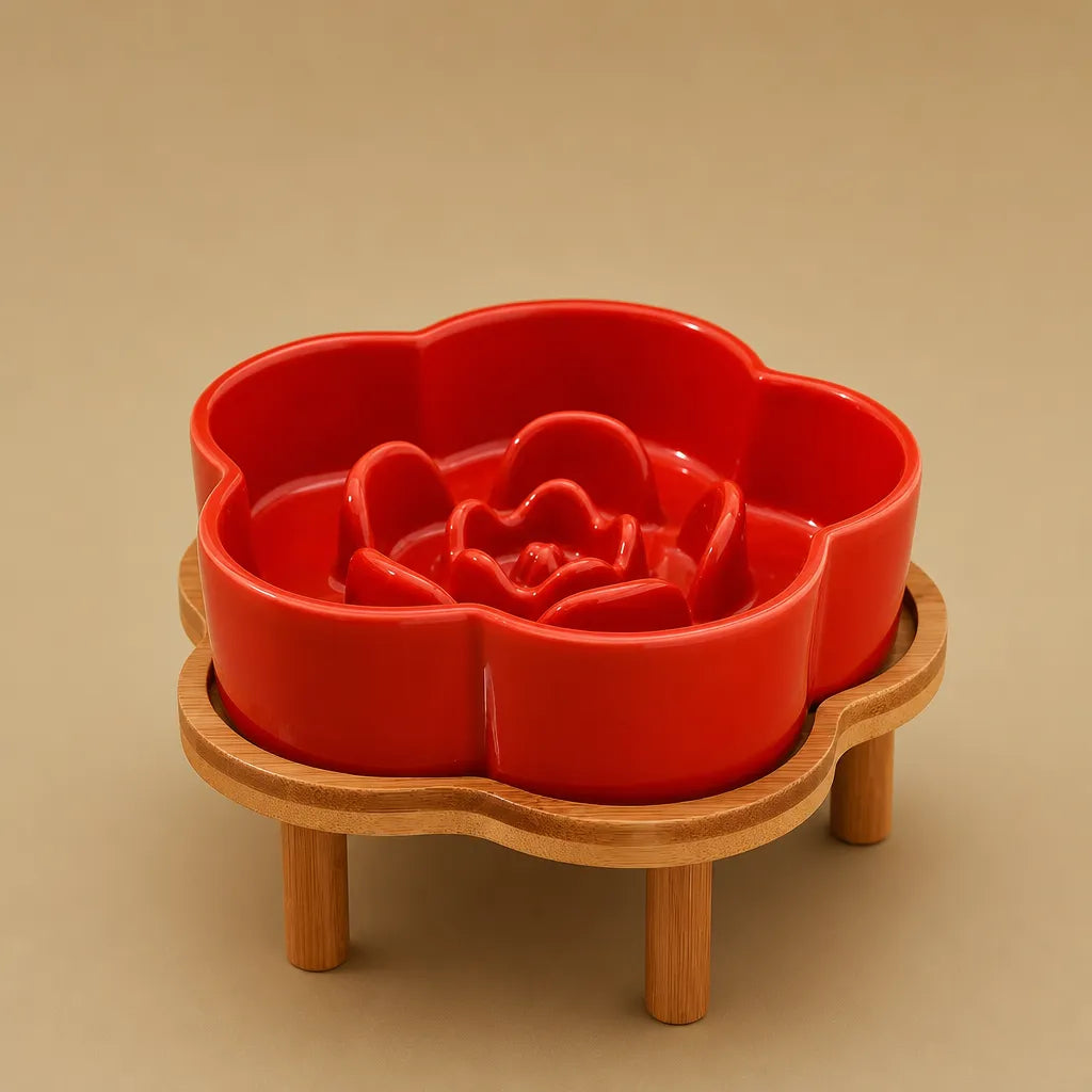 Gamelle anti glouton surélevée - Céramique et support bambou