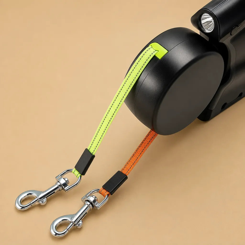 Laisse pour 2 chiens rétractable 3m - Lampe & sacs inclus