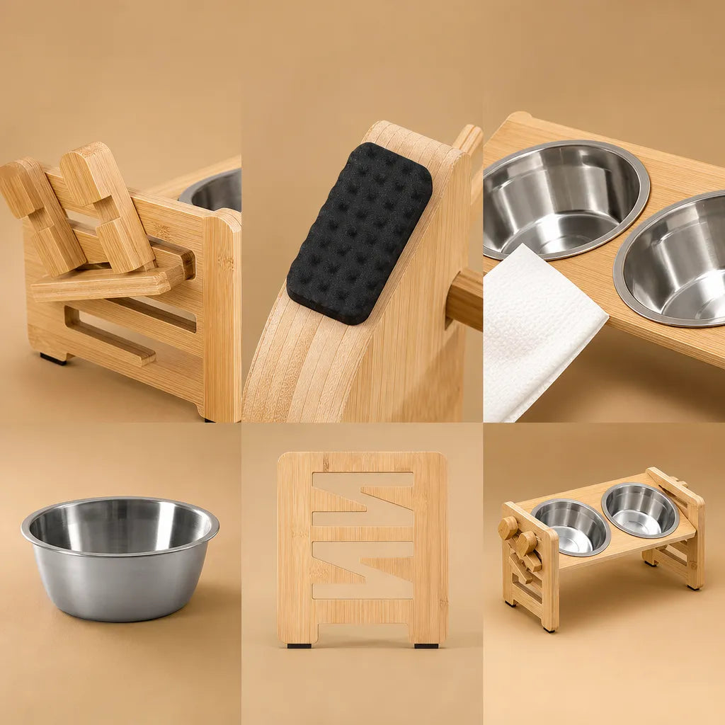 Gamelle pour chien surélevée réglable - Support bois double bol