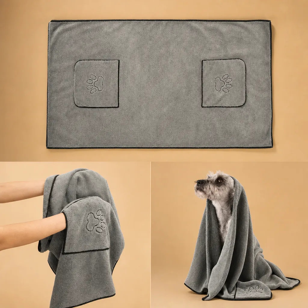 Serviette microfibre pour chien - 50x100 cm poches mains