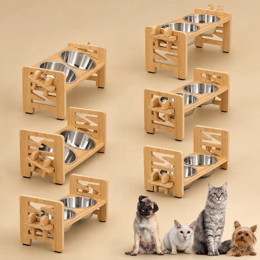 Gamelle pour chien surélevée réglable - Support bois double bol