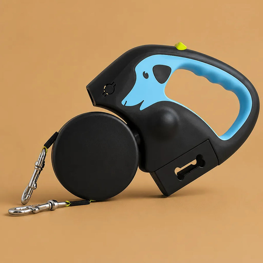 Laisse pour 2 chiens rétractable 3m - Lampe & sacs inclus