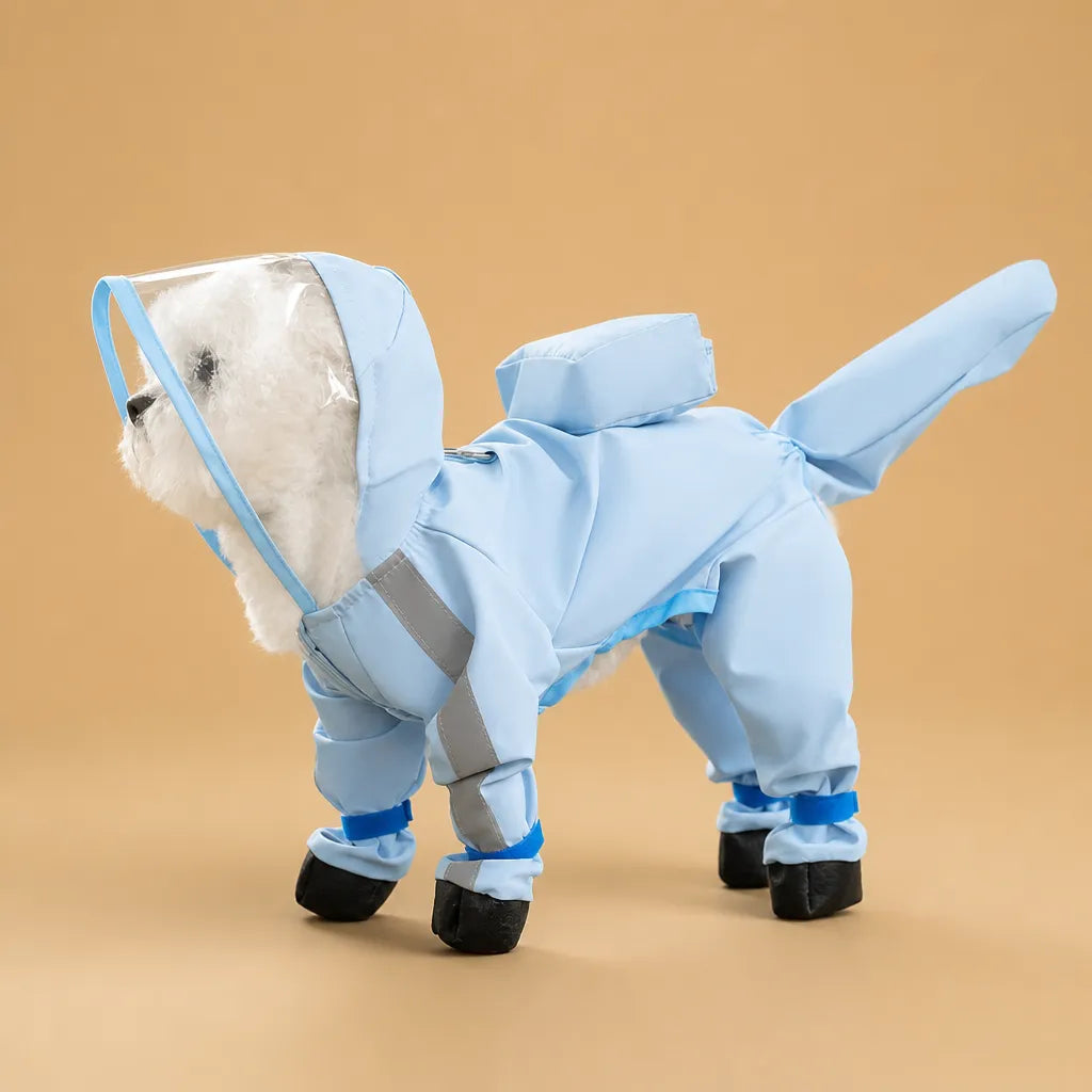 Combinaison imperméable chien - 4 pattes visière incluse
