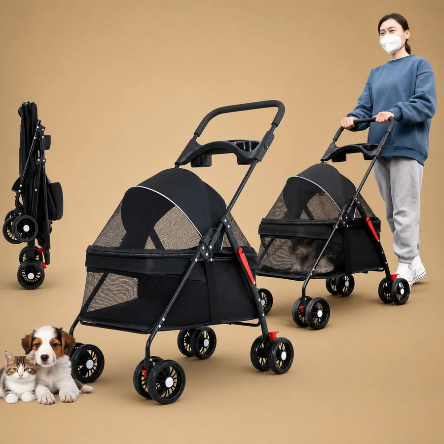 Poussette chien légère pliable - Jusqu'à 15 kg 4 roues