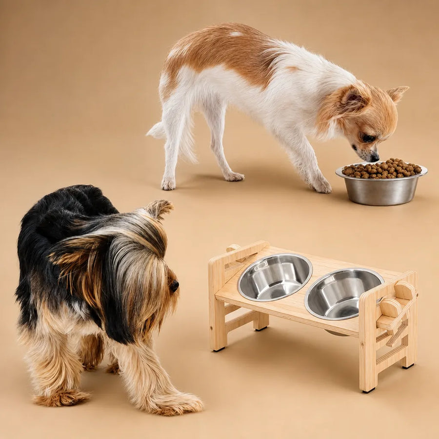 Gamelle pour chien surélevée réglable - Support bois double bol